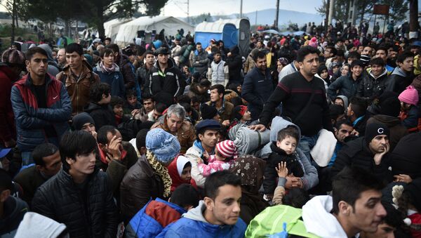 Refugiados esperan para poder cruzar la frontera entre Macedonia y Grecia - Sputnik Mundo