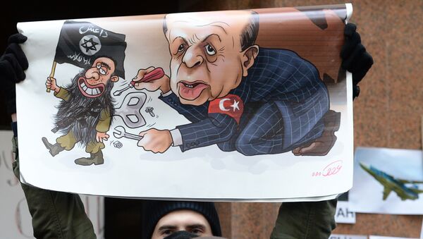Un manifestante sostiene un cartel con caricatura de Erdogan durante protesta contra las acciones de Turquía, que derribó un Su-24 ruso (archivo) - Sputnik Mundo