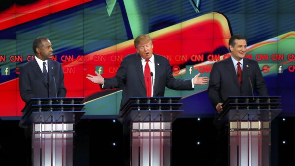 Candidatos republicanos a la presidencia de EEUU, Ben Carson, Donald Trump  y Ted Cruz durante el debate electoral - Sputnik Mundo
