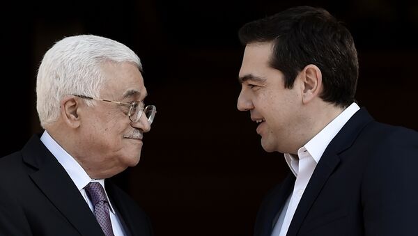 Presidente de Palestina, Mahmud Abás y primer ministro de Grecia, Alexis Tsipras durante una reunión en Atenas - Sputnik Mundo
