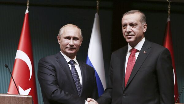 Russian President Vladimir Putin, left, and his Turkish counterpart Recep Tayyip Erdogan shake hands after a joint news conference at the new Presidential Palace in Ankara, Turkey, Monday, Dec. 1, 2014. - Sputnik Mundo