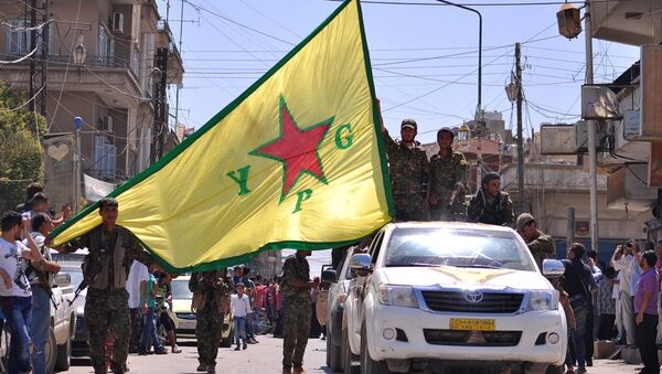 Kurdish People's Protection Units (YPG) fighters wave their movement's flag - Sputnik Mundo