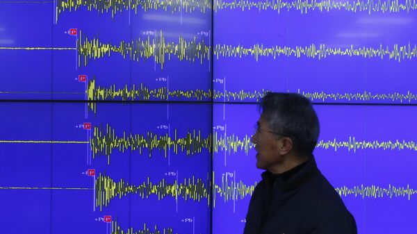 Earthquake and Volcano of the Korea Meteorological Administration Director General Yun Won-tae stands in front of a screen showing seismic waves that were measured in South Korea, in Seoul Wednesday, Jan. 6, 2016 - Sputnik Mundo