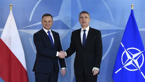 Presidente de Polonia, Andrzej Duda y secretario general de la OTAN, Jens Stoltenber durante una reunión en Bruselas - Sputnik Mundo