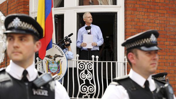 WikiLeaks founder Julian Assange speaks to the media outside the Ecuador embassy in west London in this August 19, 2012 file photo - Sputnik Mundo