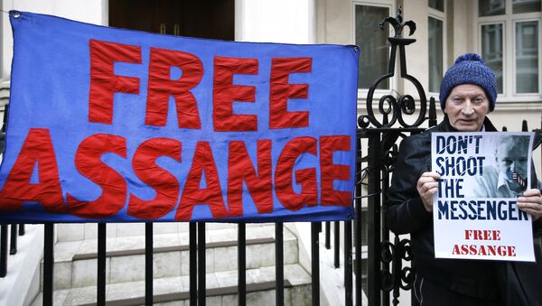 Manifestante con una pancarta en apoyo a Julian Assange cerca de la embajada de Ecuador - Sputnik Mundo