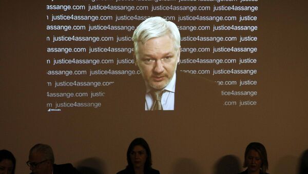 Julian Assange, fundador de WikiLeaks durante una videoconferencia desde la embajada de Ecuador en Londres - Sputnik Mundo