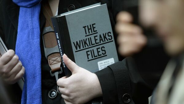 A supporter of WikiLeaks founder julian Assange holds a copy of The WikiLeaks Files outside the Ecuadorian embassy in central London, Britain February 5, 2016 - Sputnik Mundo