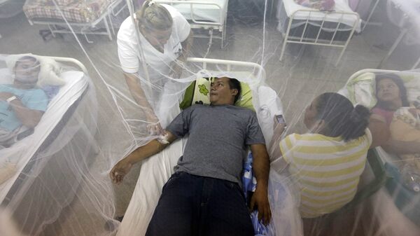 Protected by a mosquito net, Ceferino Acosta is attended by a nurse as he recovers from a bout of dengue fever at a hospital in Luque, Paraguay Friday, Feb. 5, 2016. - Sputnik Mundo