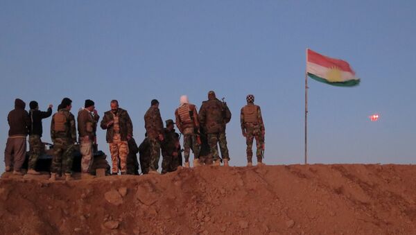 Militantes de Peshmerga cerca de la bandera de Kurdistán iraquí (archivo) - Sputnik Mundo