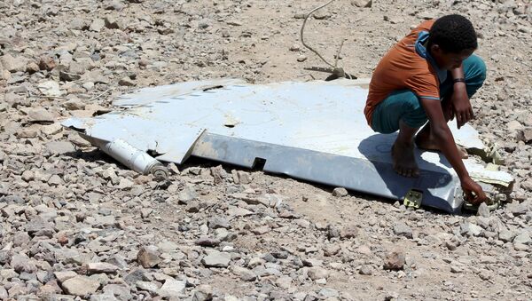 Un niño sentado en un fragmento del avión de Emiratos Árabes estallado en Yemen - Sputnik Mundo