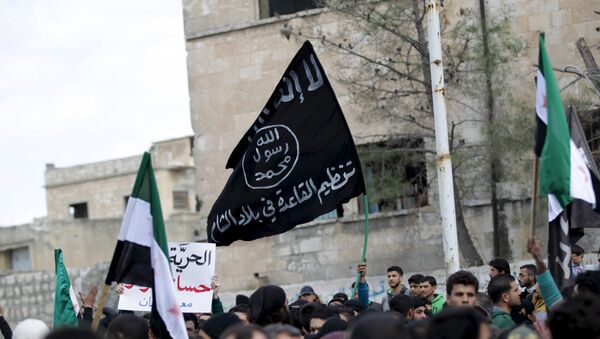 La bandera de Al Qaeda vista durante una manifestación antigubernamental en la provincia de Idlib en Siria (archivo) - Sputnik Mundo