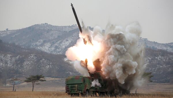 A new multiple launch rocket system is test fired in this undated file photo released by North Korea's Korean Central News Agency (KCNA) in Pyongyang - Sputnik Mundo
