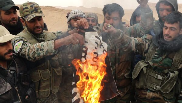 Militares sirios y milicias del grupo Halcones del Desierto queman la bandera de ISIS (archivo) - Sputnik Mundo