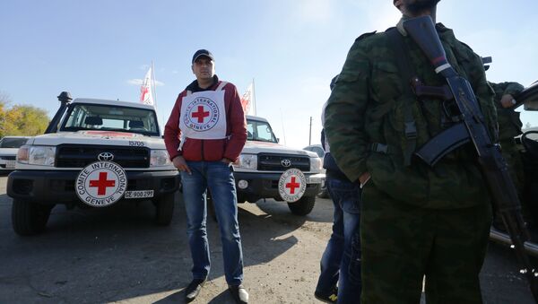 A Red Cross observer watches the exchange of captives in the small Ukrainian town of Schastya, Lugansk region on October 29, 2015. - Sputnik Mundo