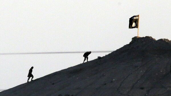 Shot with an extreme telephoto lens and through haze from the outskirts of Suruc at the Turkey-Syria border, militants with the Islamic State group are seen after placing their group's flag on a hilltop at the eastern side of the town of Kobani, Syria (File) - Sputnik Mundo