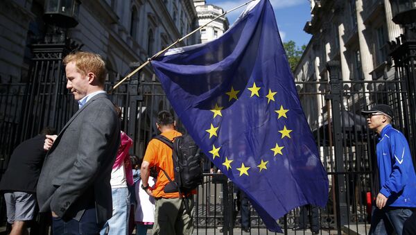 Un hombre lleva la bandera de la UE en Londres - Sputnik Mundo