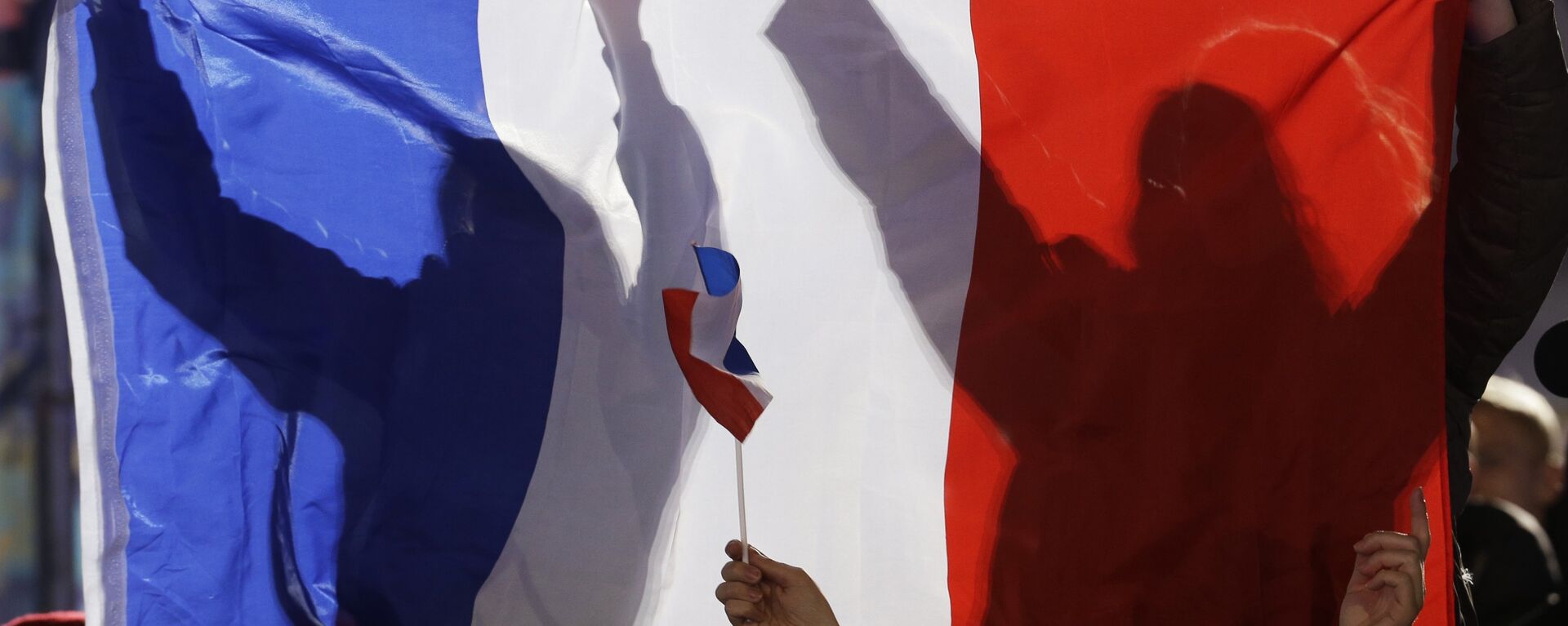 Aficionados franceses sostienen su bandera nacional mientras animan a los medallistas de Francia en skicross masculino durante la ceremonia de entrega de medallas en los Juegos Olímpicos de Invierno de 2014, el jueves 2 de febrero de 2014, en Sochi, Rusia. - Sputnik Mundo, 1920, 10.06.2024