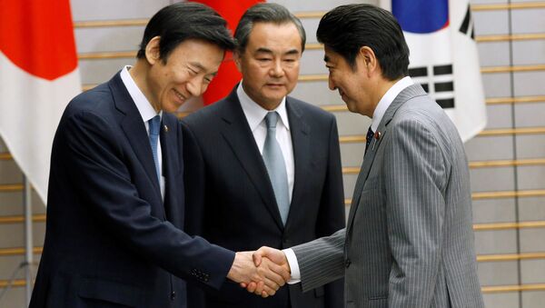 El primer ministro japonés, Shinzo Abe, el canciller surcoreano, Yun Byung-se y el canciller chino, Wang Yu - Sputnik Mundo