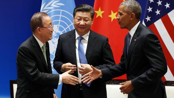 Secretario general de la ONU, Ban Ki-moon, presidente de China, Xi Jinping, y presidente de EEUU, Barack Obama - Sputnik Mundo