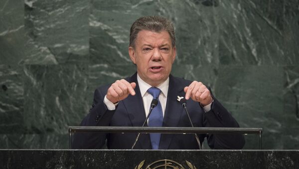 El presidente de Colombia, Juan Manuel Santos, durante su discurso en la Asamblea General de la ONU - Sputnik Mundo