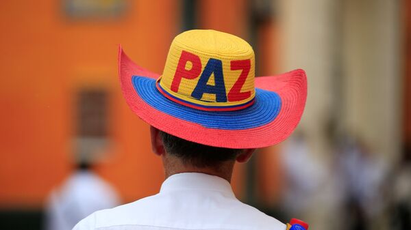 Un hombre llevando sombrero pro-paz en Colombia - Sputnik Mundo