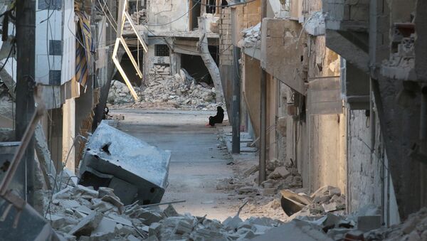 A woman sits amid damaged buildings in the rebel-held al-Myassar neighbourhood of Aleppo - Sputnik Mundo
