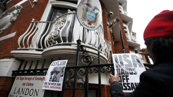 A supporter of Julian Assange attaches a poster to railings after prosecutor Ingrid Isgren from Sweden arrived at Ecuador's embassy - Sputnik Mundo