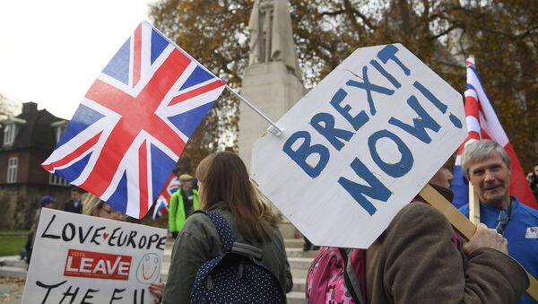 Demonstrators supporting Brexit protest outside of the Houses of Parliament in London, Britain - Sputnik Mundo