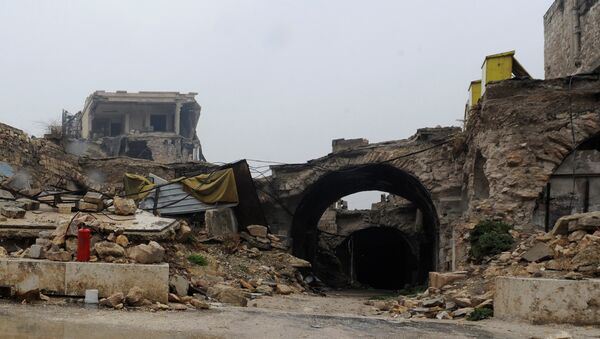 A general view shows damage on the entrance to al-Zarab souk in the Old city of Aleppo, Syria December - Sputnik Mundo