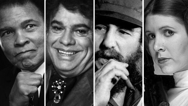 El boxeador Mohamed Alí, el cantautor Juan Gabriel, Fidel Castro y la actriz Carrie Fisher protagonizando a la princesa Leia - Sputnik Mundo