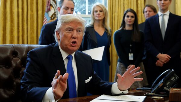 U.S. President Donald Trump speaks to reporters while signing executive orders at the White House in Washington - Sputnik Mundo