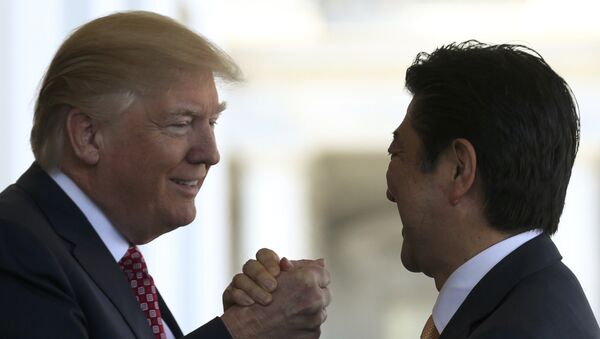 Japanese Prime Minister Shinzo Abe is greeted by U.S. President Donald Trump (L) prior to holdiing talks at the White House in Washington, U.S., February 10, 2017 - Sputnik Mundo