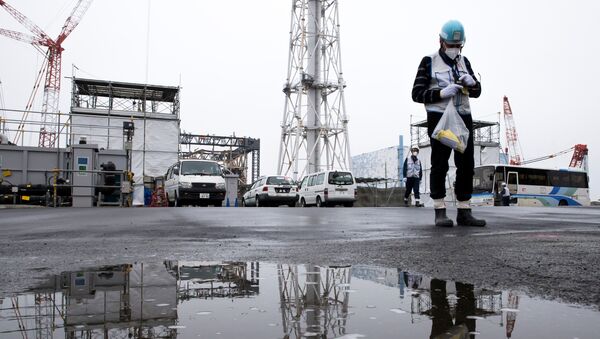 A member of the media uses a Geiger counter at Tokyo Electric Power Co.'s (TEPCO) Fukushima Daiichi nuclear power plant in Okuma, Fukushima, Japan - Sputnik Mundo