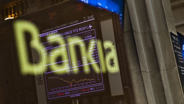 Stock Exchange main display is reflected on a Bankia sign in Madrid - Sputnik Mundo