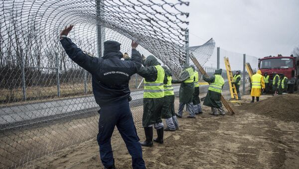 Condenados construyen una cerca de la segunda línea defensiva detrás de la primera valla protectora en la frontera entre Hungría y Serbia - Sputnik Mundo