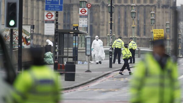 Police officers and forensics investigators and police officers work on Westminster Bridge the morning after an attack by a man driving a car and weilding a knife left five people dead and dozens injured, in London - Sputnik Mundo