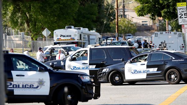 Police vehicles are pictured after a shooting at North Park Elementary School in San Bernardino - Sputnik Mundo