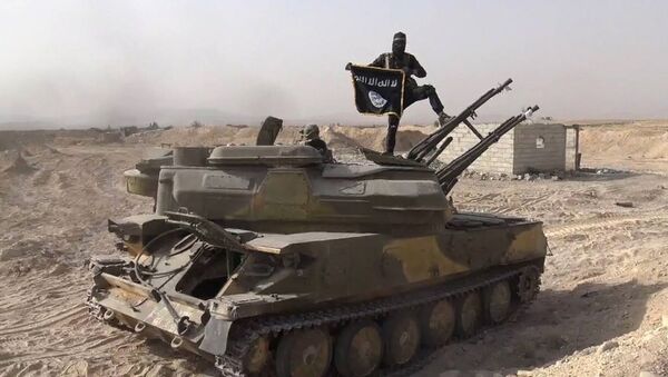 In this file photo released on Aug. 5, 2015, by the Rased News Network a Facebook page affiliated with Islamic State militants, an Islamic State militant holds the group's flag as he stands on a tank they captured from Syrian government forces, in the town of Qaryatain southwest of Palmyra, central Syria - Sputnik Mundo