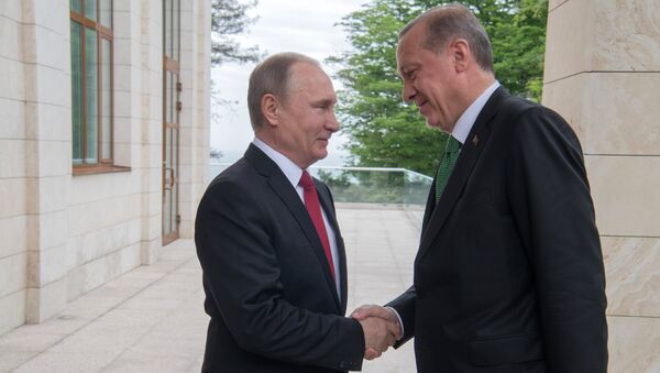 El encuetro de Vladímir Putin, presidente de Rusia, y Recep Tayyip Erdogan, presidente de Turquía - Sputnik Mundo