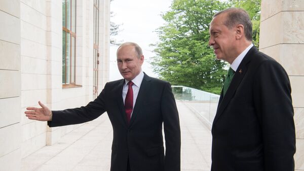 El encuetro de Vladímir Putin, presidente de Rusia, y Recep Tayyip Erdogan, presidente de Turquía - Sputnik Mundo