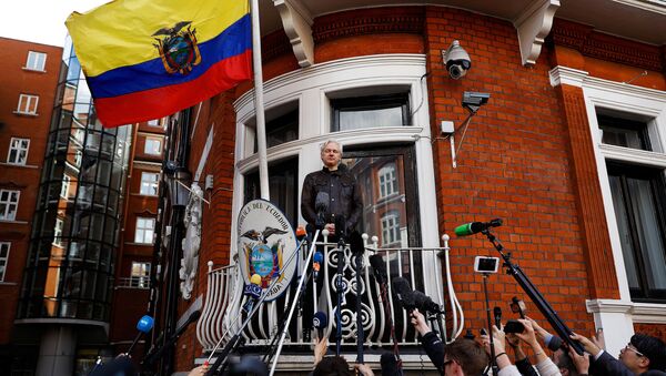 Julian Assange en el balcón de la Embajada de Ecuador en Londres (archivo) - Sputnik Mundo