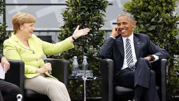 Canciller de Alemania, Angela Merkel, y expresidente de EEUU, Barack Obama - Sputnik Mundo