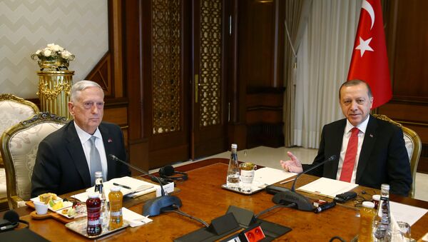 El secretario de Defensa de Estados Unidos, James Mattis y el presidente de Turquía, Recep Tayyip Erdogan - Sputnik Mundo