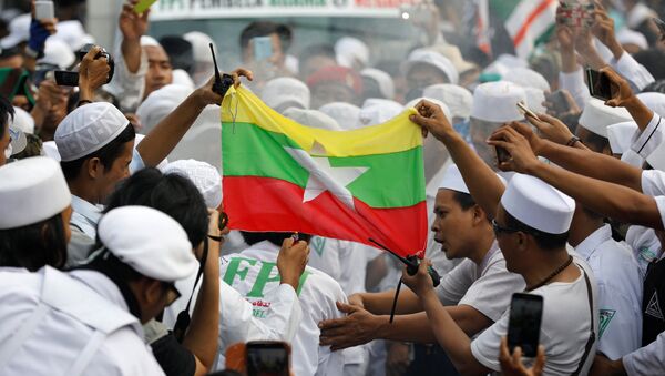 La bandera de Birmania durante las manifestaciones en apoyo de los rohinyás - Sputnik Mundo