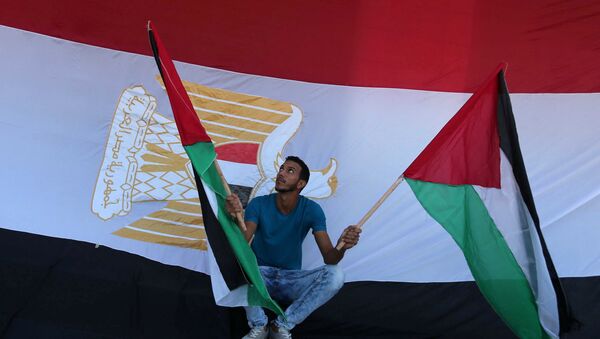 Un hombre con las banderas de Palestina y la bandera de Egipto al fondo - Sputnik Mundo