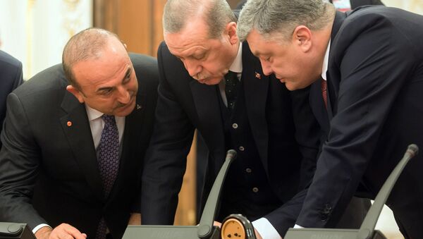 Ministro de Exteriores turco, Mevlut Cavusoglu, presidente turco, Recep Tayyip Erdogan, y presidente ucraniano, Petró Poroshenko - Sputnik Mundo