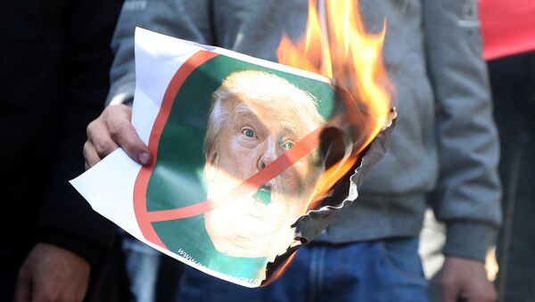 Protestante palestino con una foto de Donald Trump en llamas - Sputnik Mundo
