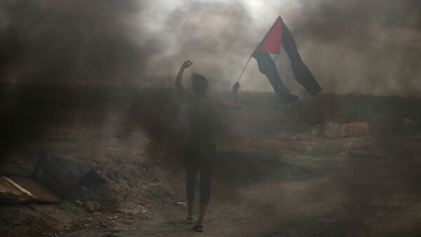 Un manifestante con la bandera de Palestina en el sur de la Franja de Gaza - Sputnik Mundo