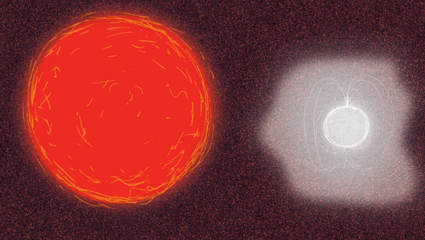 Interacción entre una estrella roja gigante y una estrella de neutrones, representación artística - Sputnik Mundo